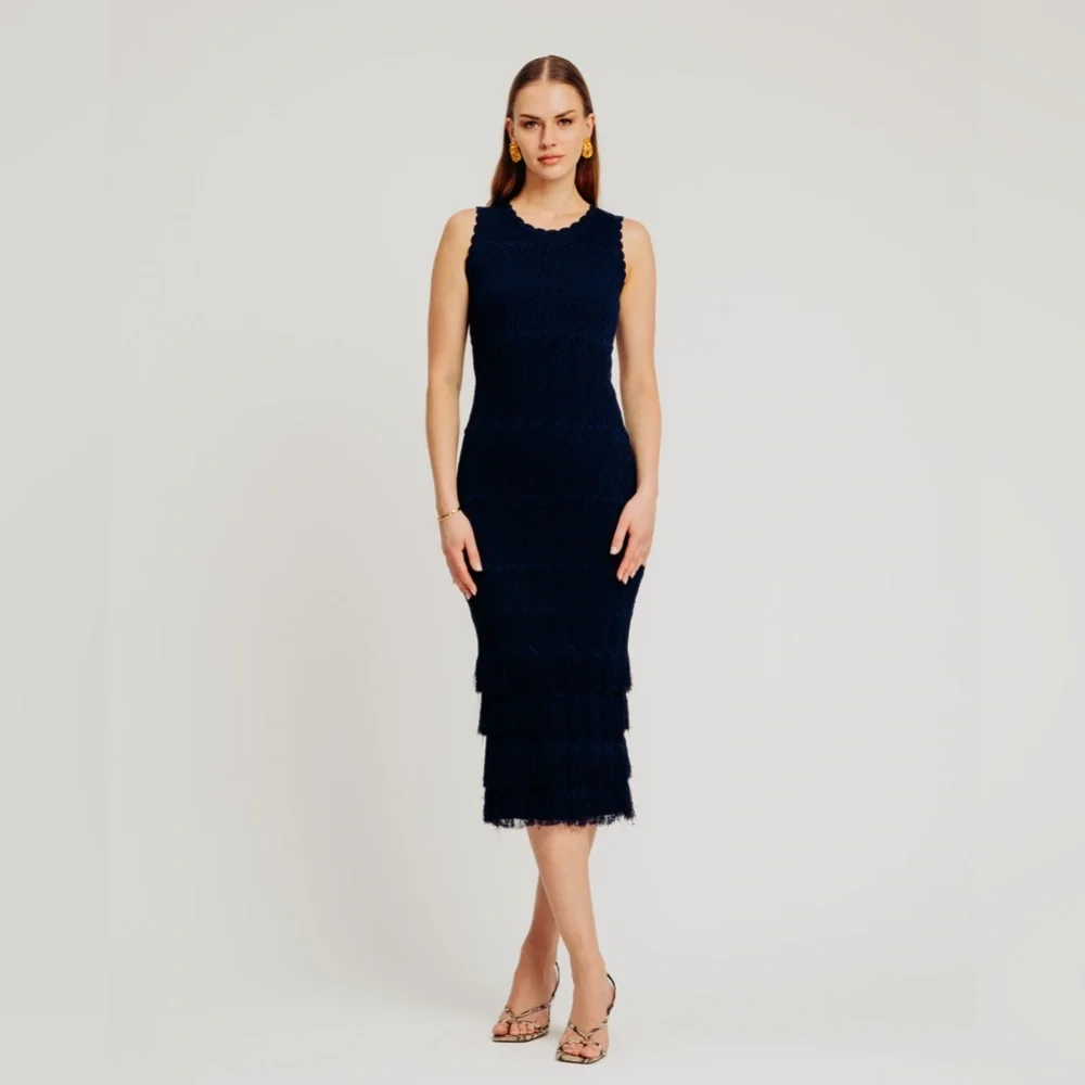 Torn By Ronny Kobo Ryan Black Crochet Knit Fringe Midi Dress Small